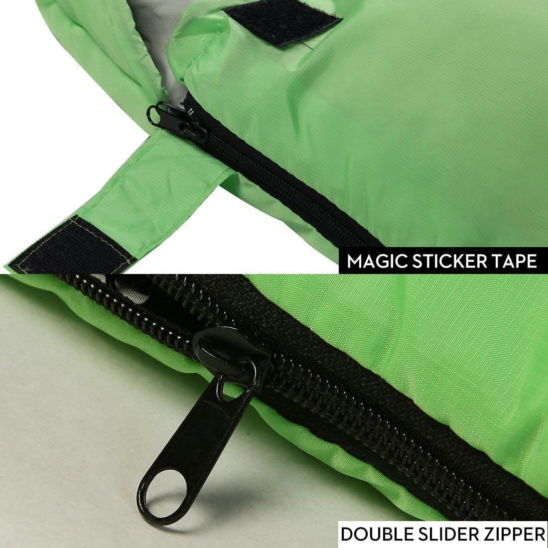 SOULOUT sleeping bag green; waterproof compression sack protects gear on trips.