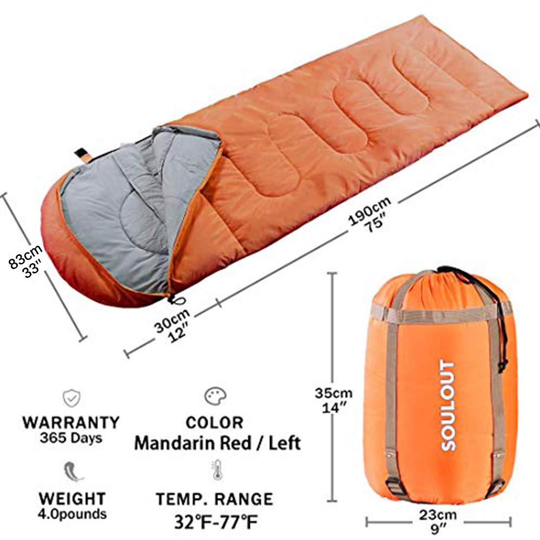 SOULOUT Mandarin Red sleeping bag packed in compact stuff sack for travel