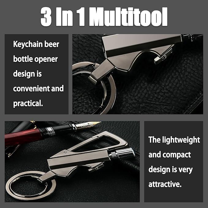 SOULRAZY Infinity lighter keychain attachment highlights multitool and bottle opener for travel.