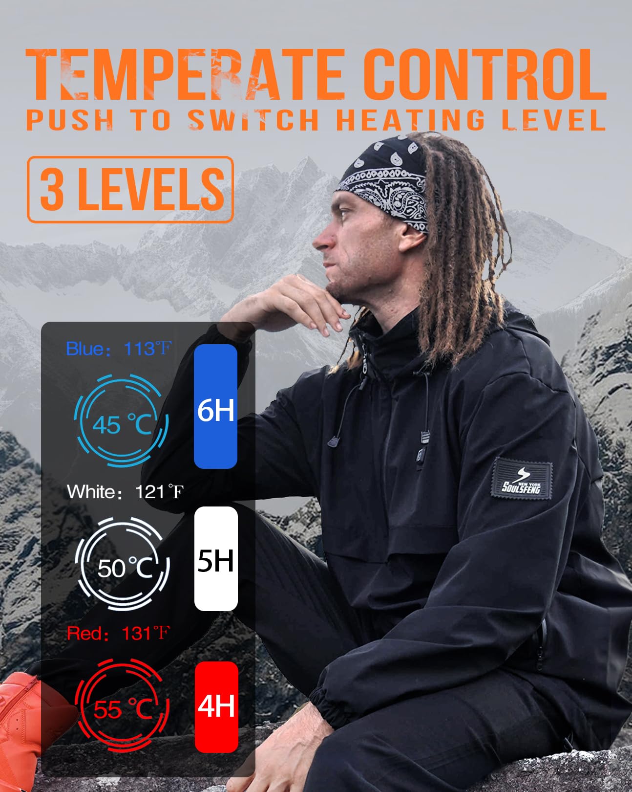 Soulsfeng heated hoodie right chest heating offers balanced warmth for chilly mornings.