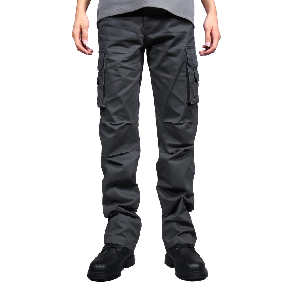 Soulsfeng mens grey cargo pants back view showcasing straight fit and durable fabric.