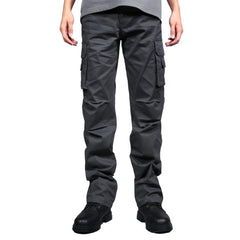 Soulsfeng mens grey cargo pants back view showcasing straight fit and durable fabric.