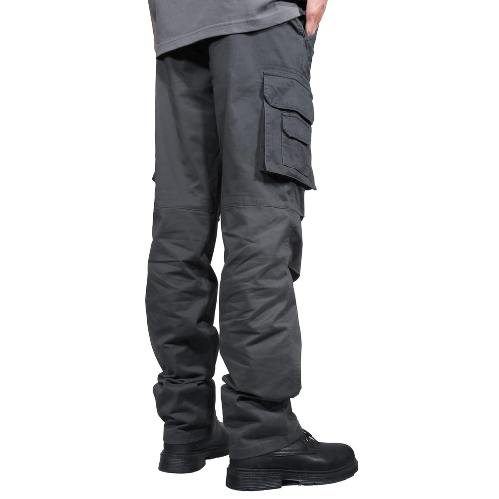 Soulsfeng mens grey cargo pants material close-up emphasizing cotton stretch comfort.