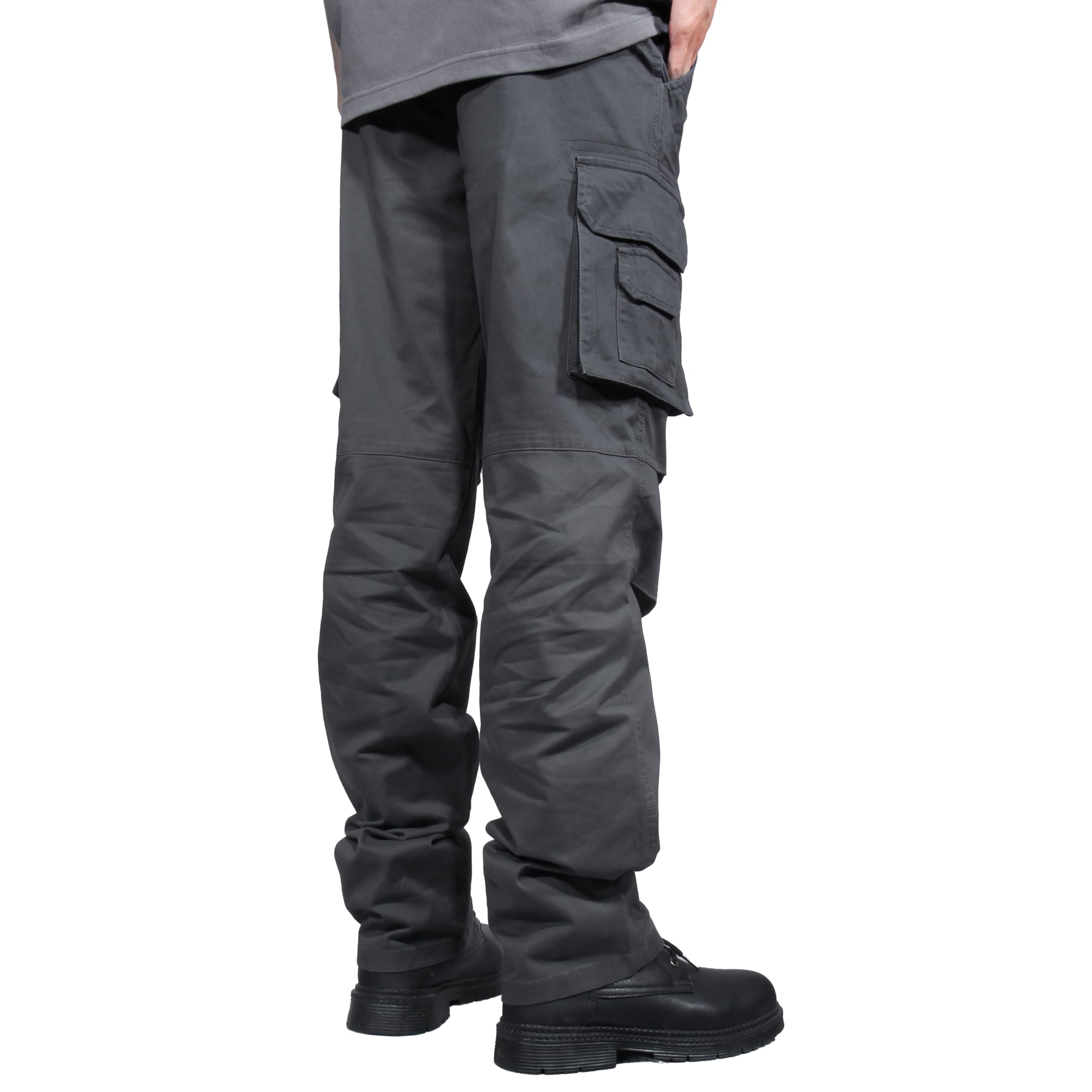 Soulsfeng mens grey cargo pants material close-up emphasizing cotton stretch comfort.