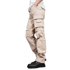 Soulsfeng men's khaki cargo pants front view showing relaxed fit for mobility.