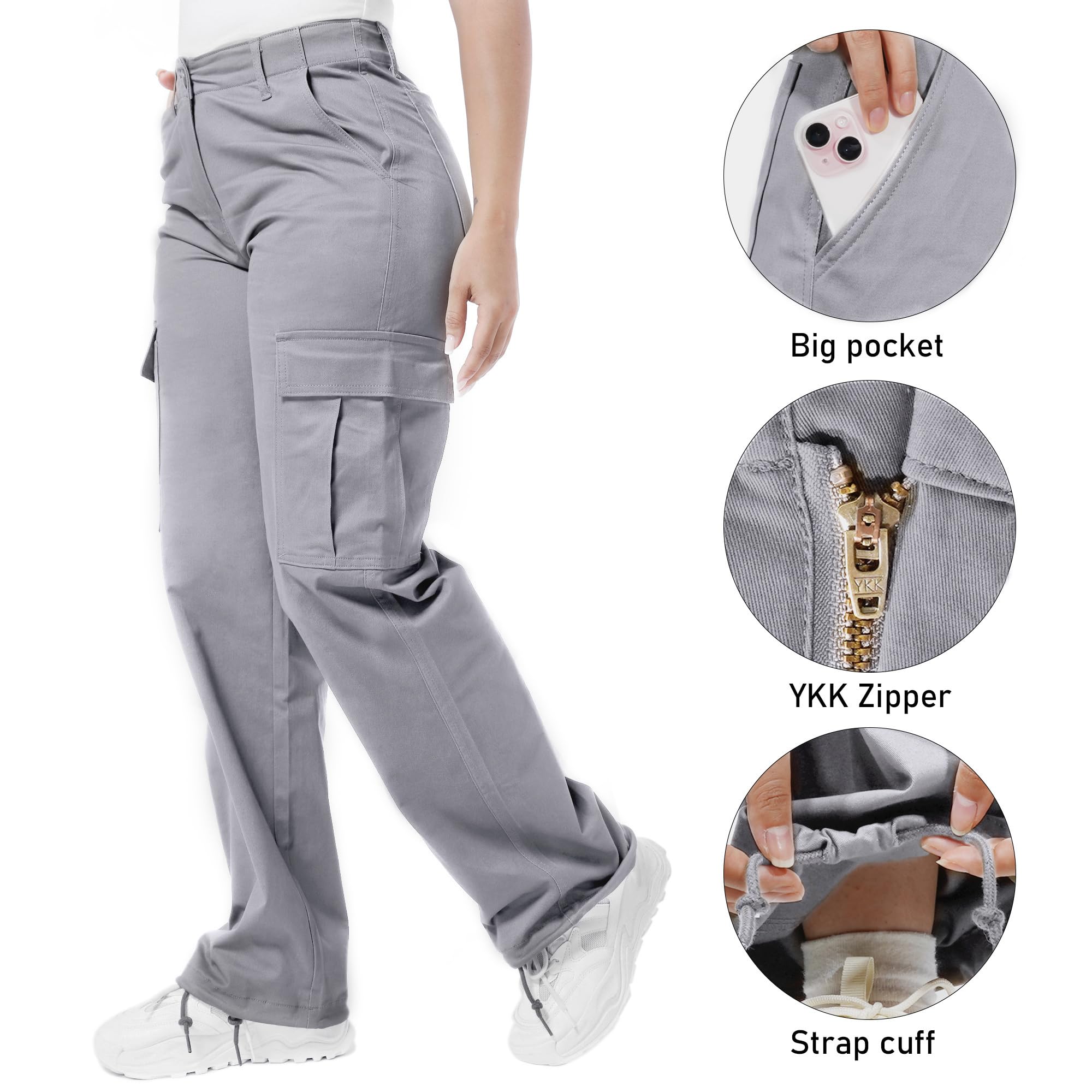 Soulsfeng women's baggy cargo pants gray back view with reinforced seams