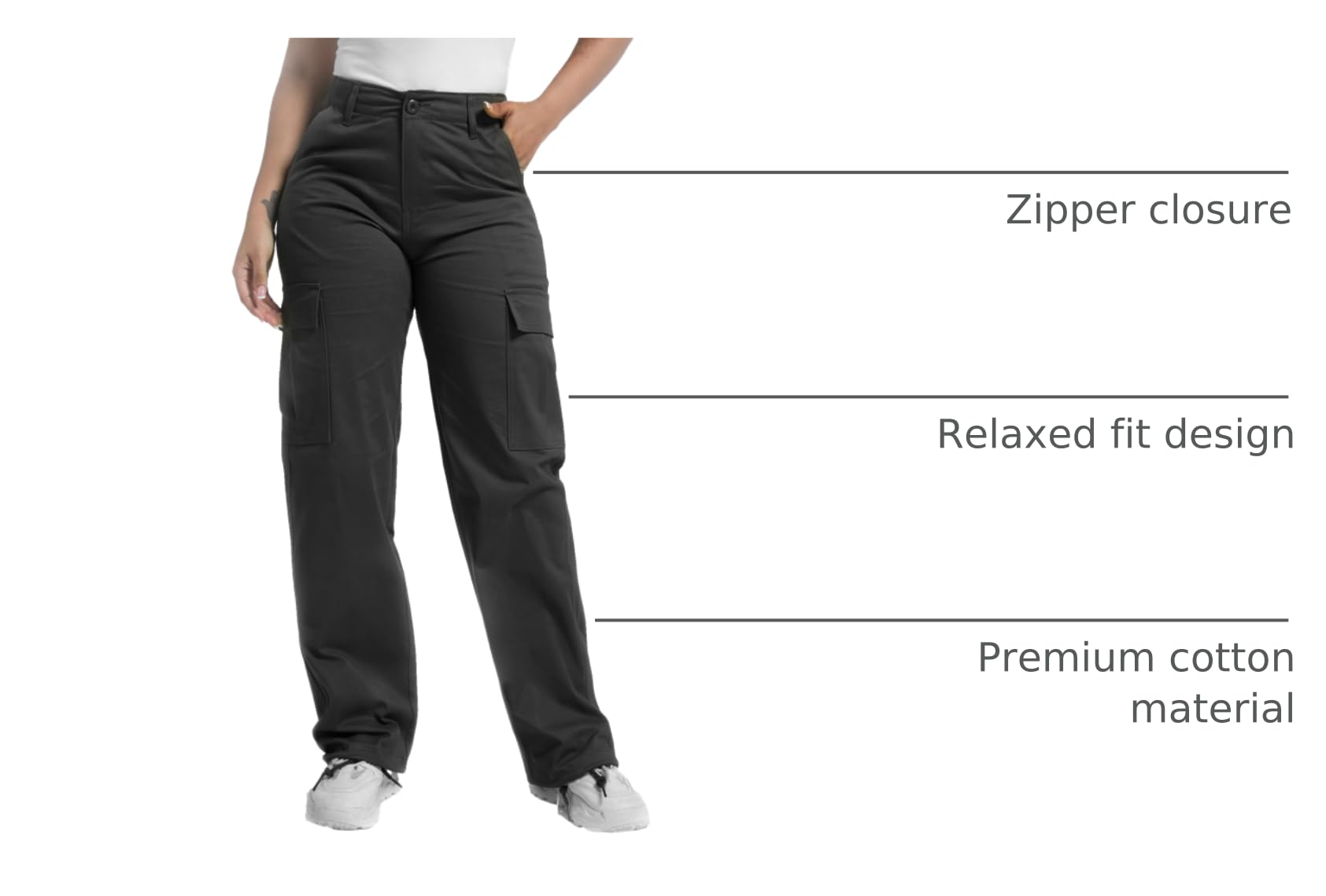 Soulsfeng women's black baggy cargo pants close-up of breathable cotton fabric