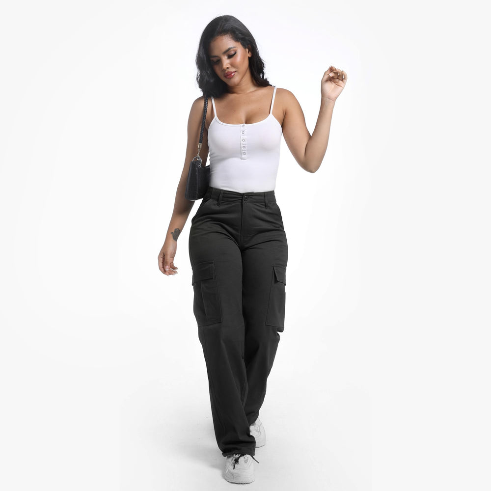 Soulsfeng women's black baggy cargo pants straight wide-leg silhouette for airflow