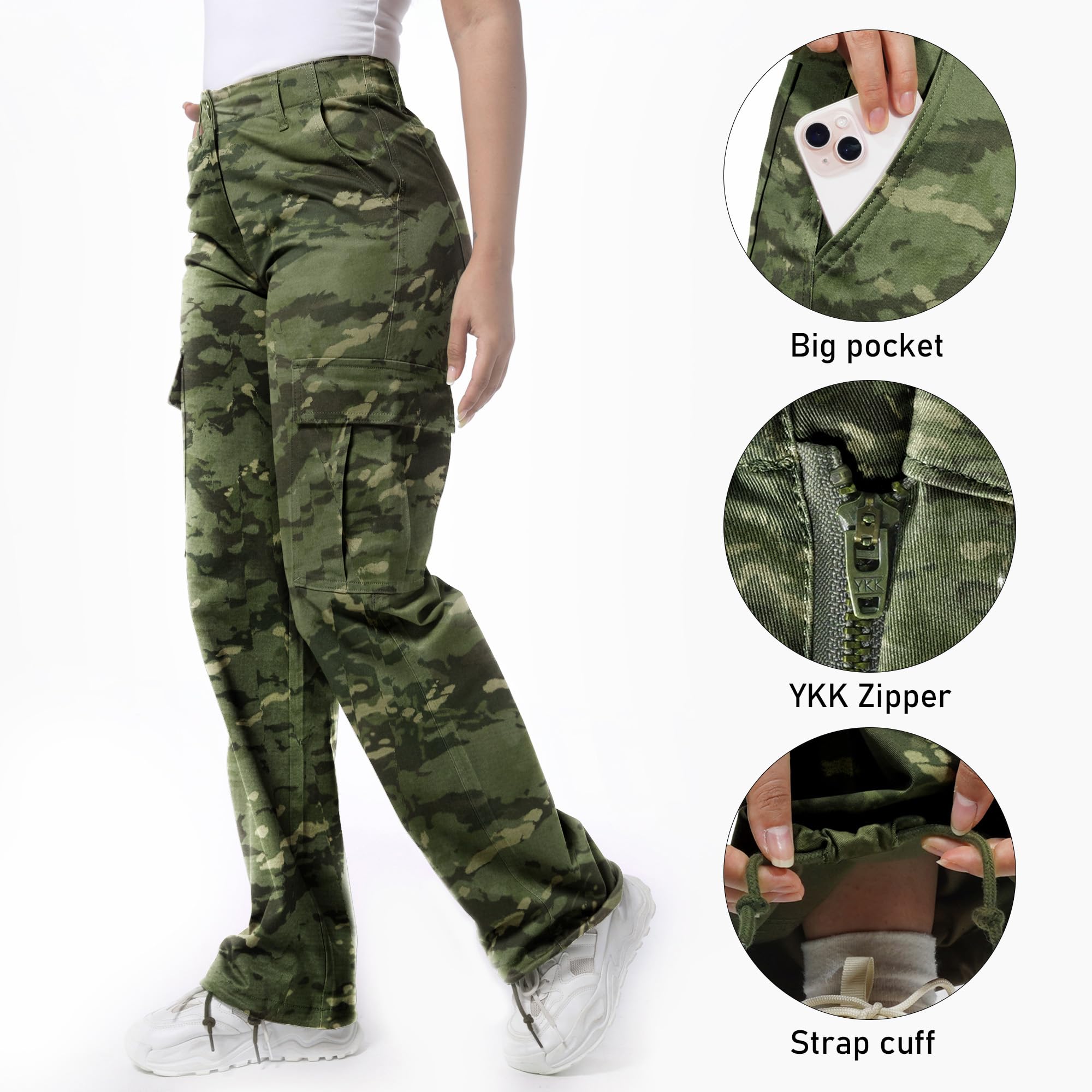 Soulsfeng women's camo baggy cargo pants back pocket emphasizing secure everyday essentials