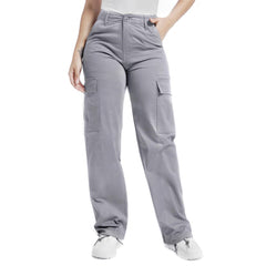 Soulsfeng women's cargo pants grey relaxed-fit view highlights comfortable movement on trail.