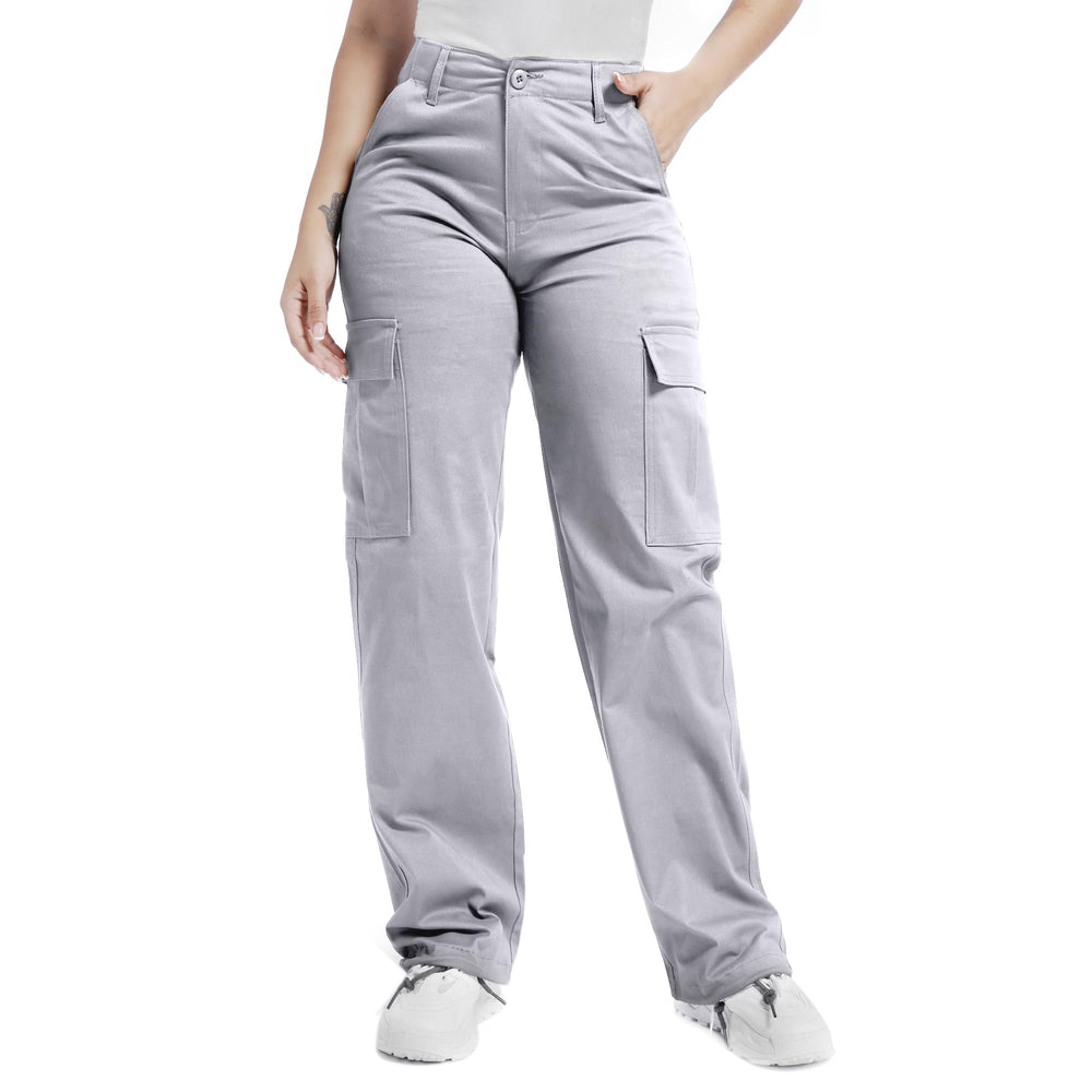 Soulsfeng women's gray baggy cargo pants front view for relaxed comfort during hikes and errands