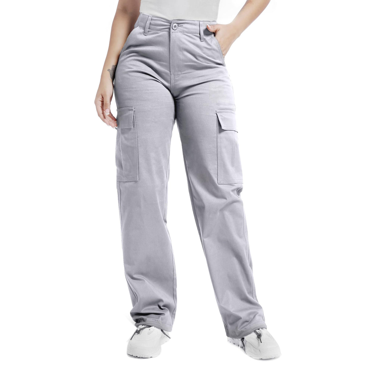 Soulsfeng women's gray baggy cargo pants front view for relaxed comfort during hikes and errands