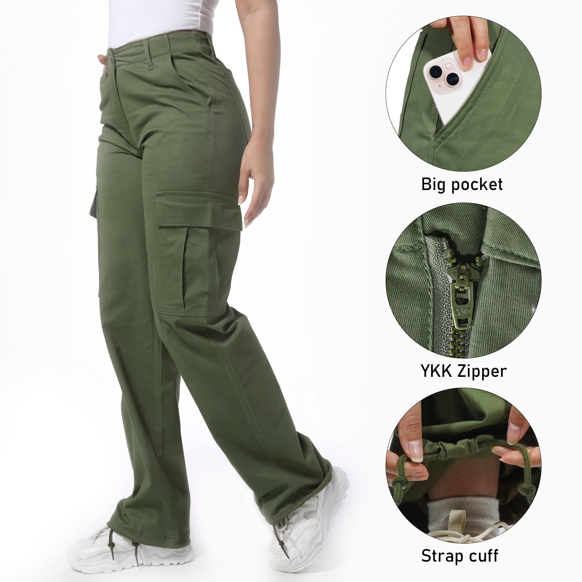 Soulsfeng Women's Green Baggy Cargo Pants back pocket view emphasizes storage and casual style.