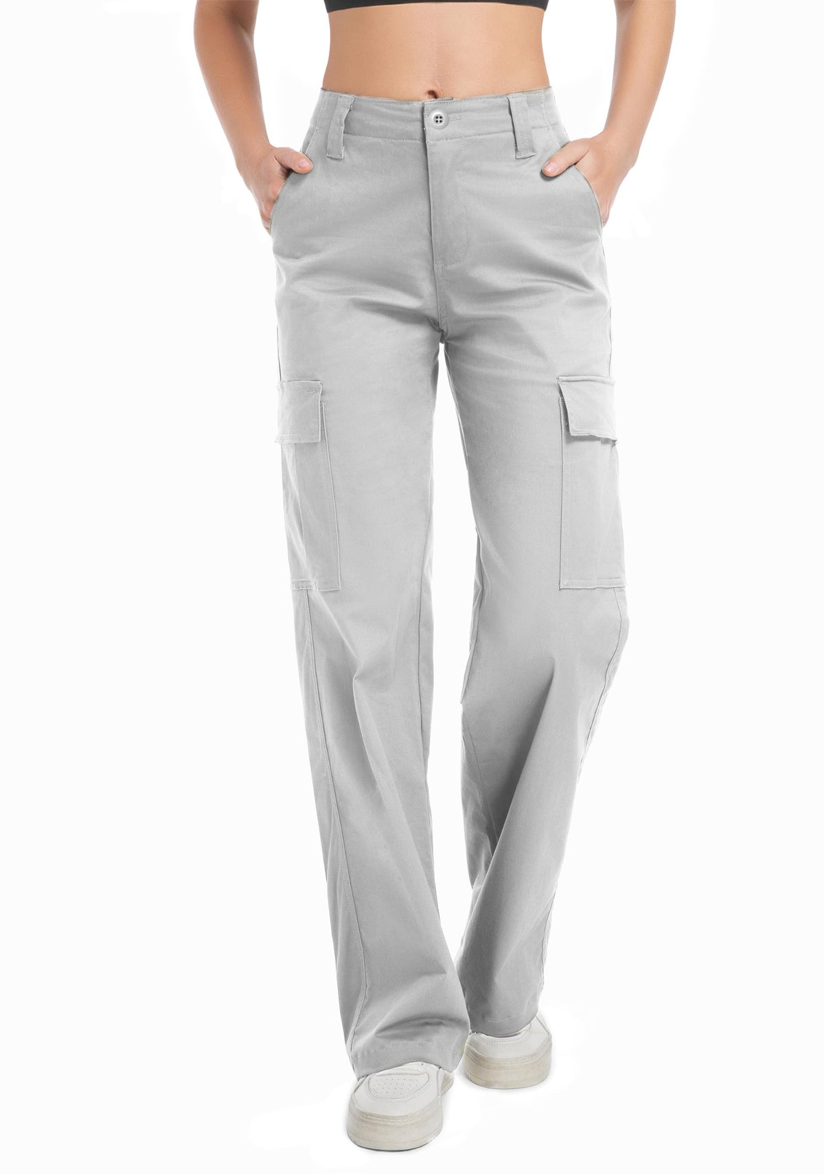 Soulsfeng women's grey cargo pants front view with relaxed fit for everyday comfort.