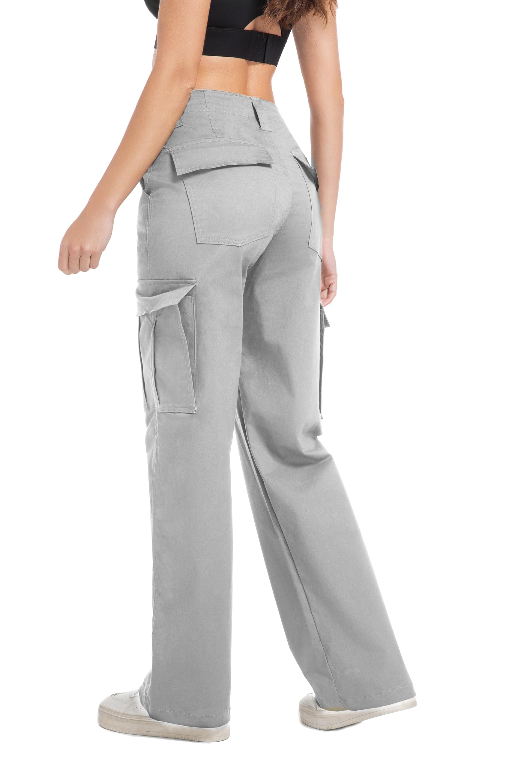 Soulsfeng women's grey cargo pants pocket layout highlights practical storage for essentials.