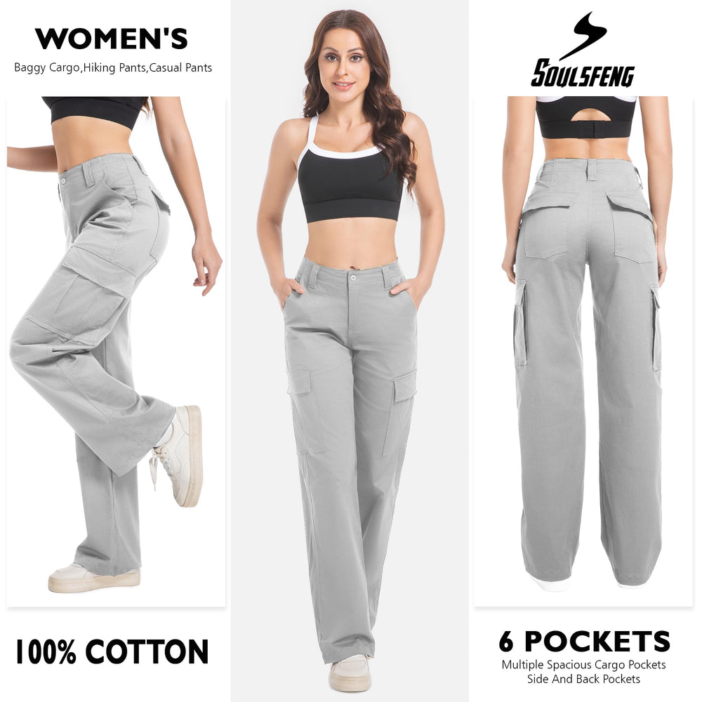 Soulsfeng women's grey cargo pants stitch detail highlights durable construction and quality.