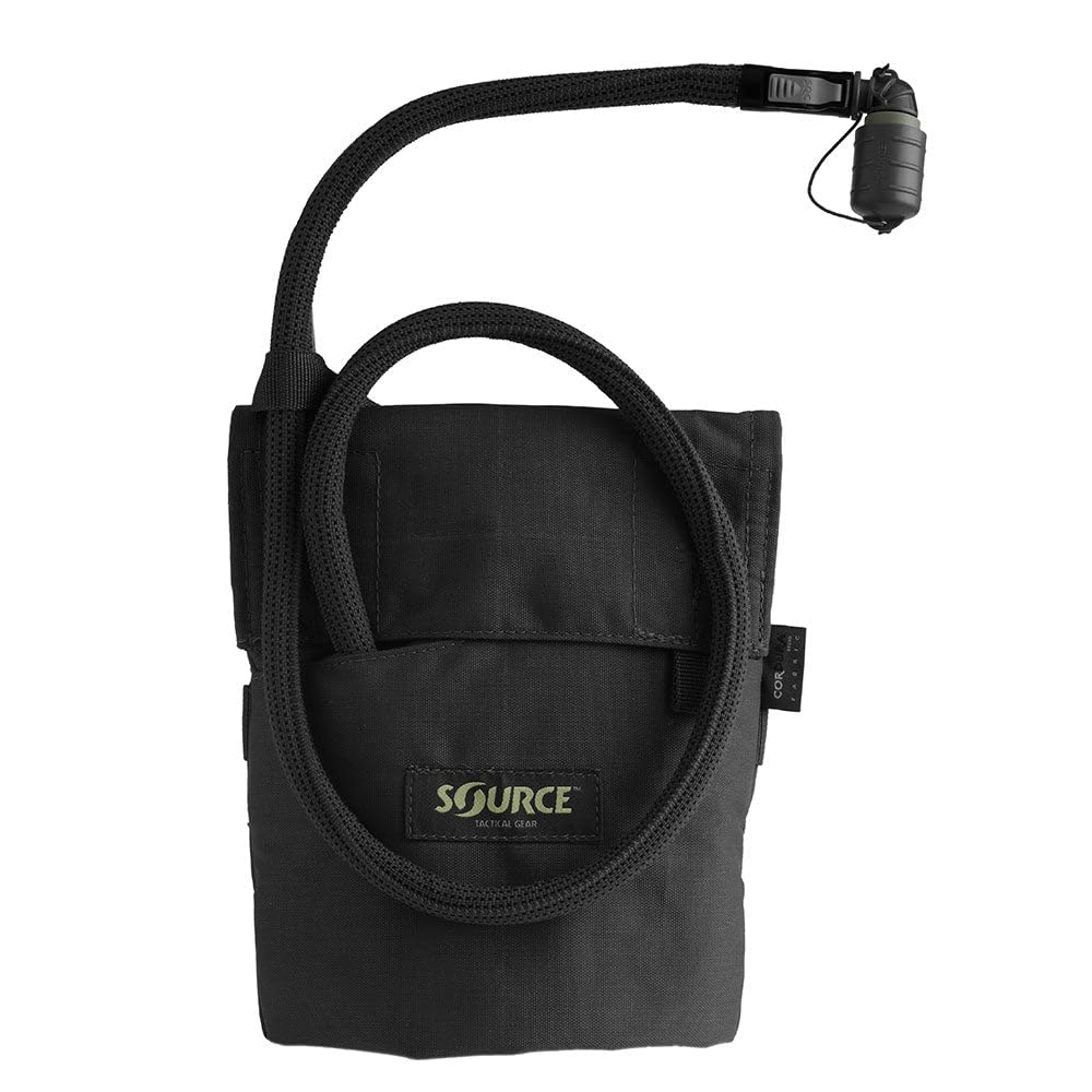 Source hydration pack 1L kangaroo MOLLE pouch attached to vest for versatile hydration on the move.