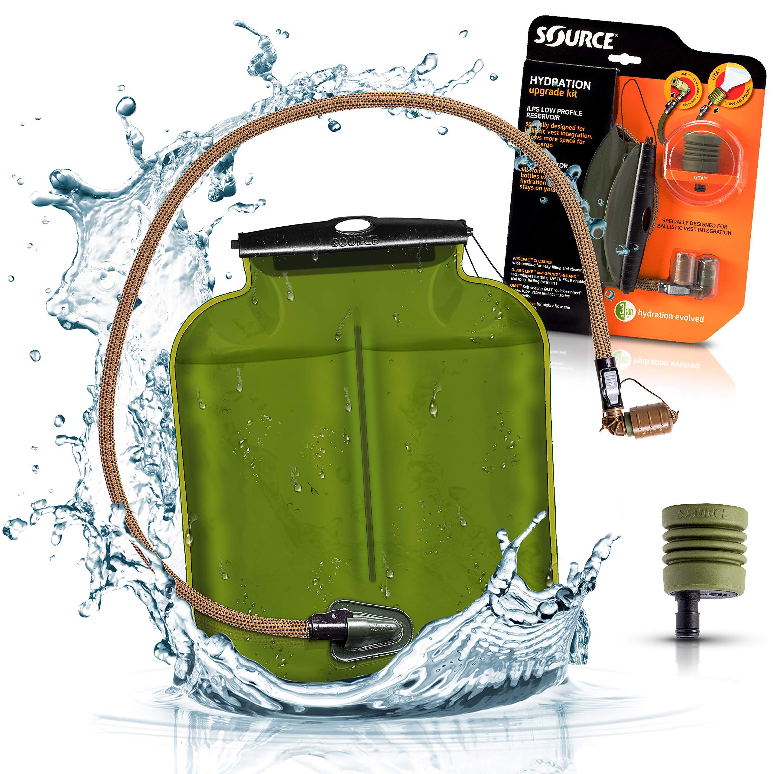 Source ILPS Armor System with UTA Mouthpiece front view showcases rugged hydration for outdoor missions.