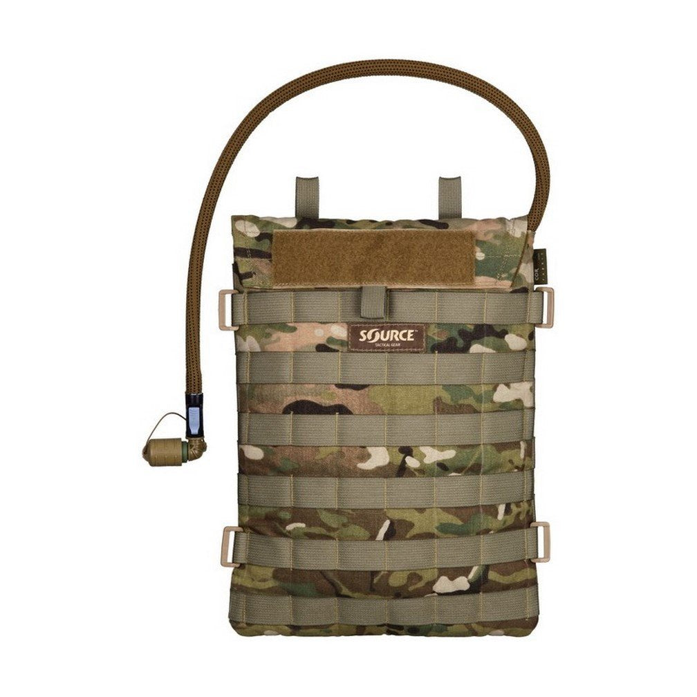 Source Razor hydration pouch mounted on MOLLE gear for quick-access hydration.