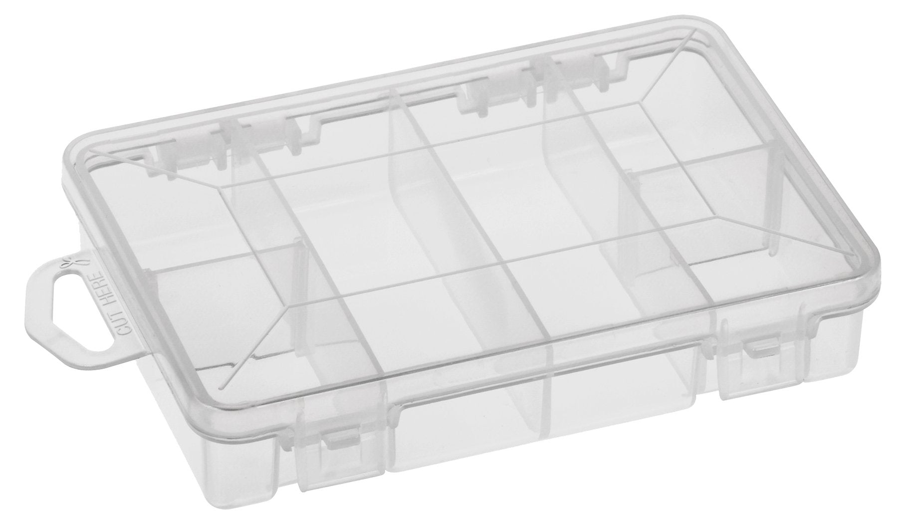 Clear plastic fishing tackle box showing organized interior