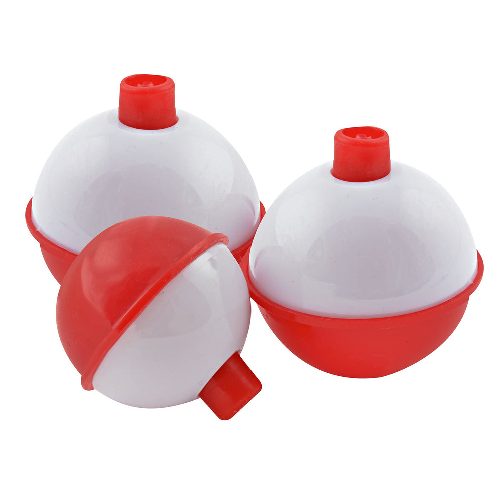 SOUTH BEND red and white push-button float increases bite visibility for freshwater fishing from a distance.