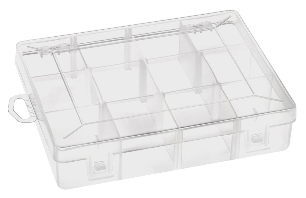 SOUTH BEND clear 12-compartment case shown open for easy access