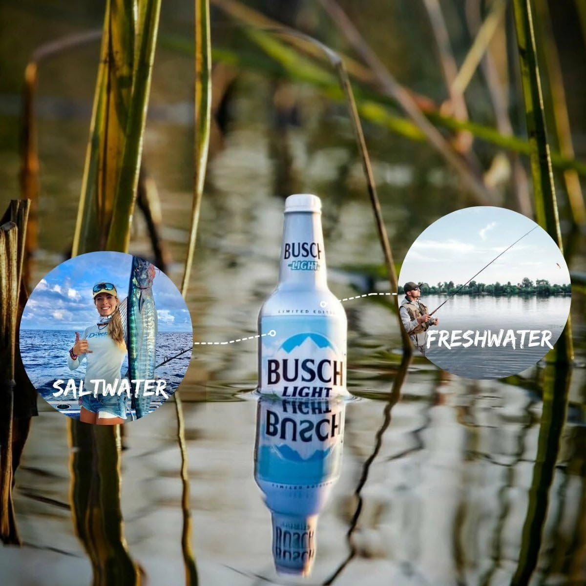 Bass and trout fishing setup with Busch Light bobbers attached.