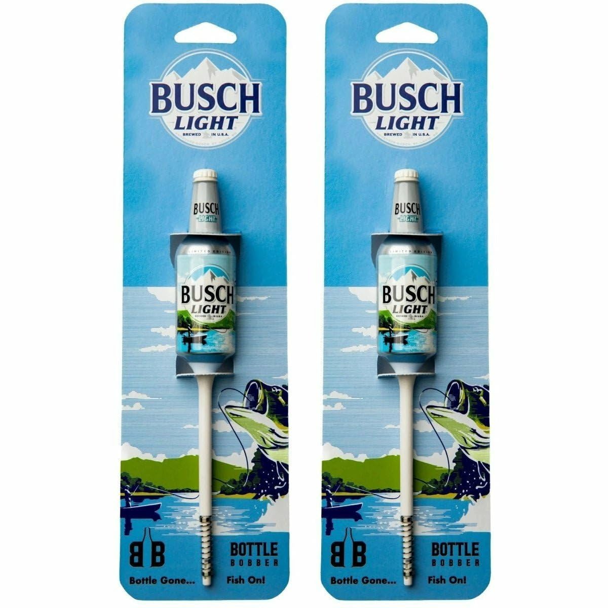 Southern Bell Brands Busch Light bottle bobbers—high visibility for bass fishing on sunny days.