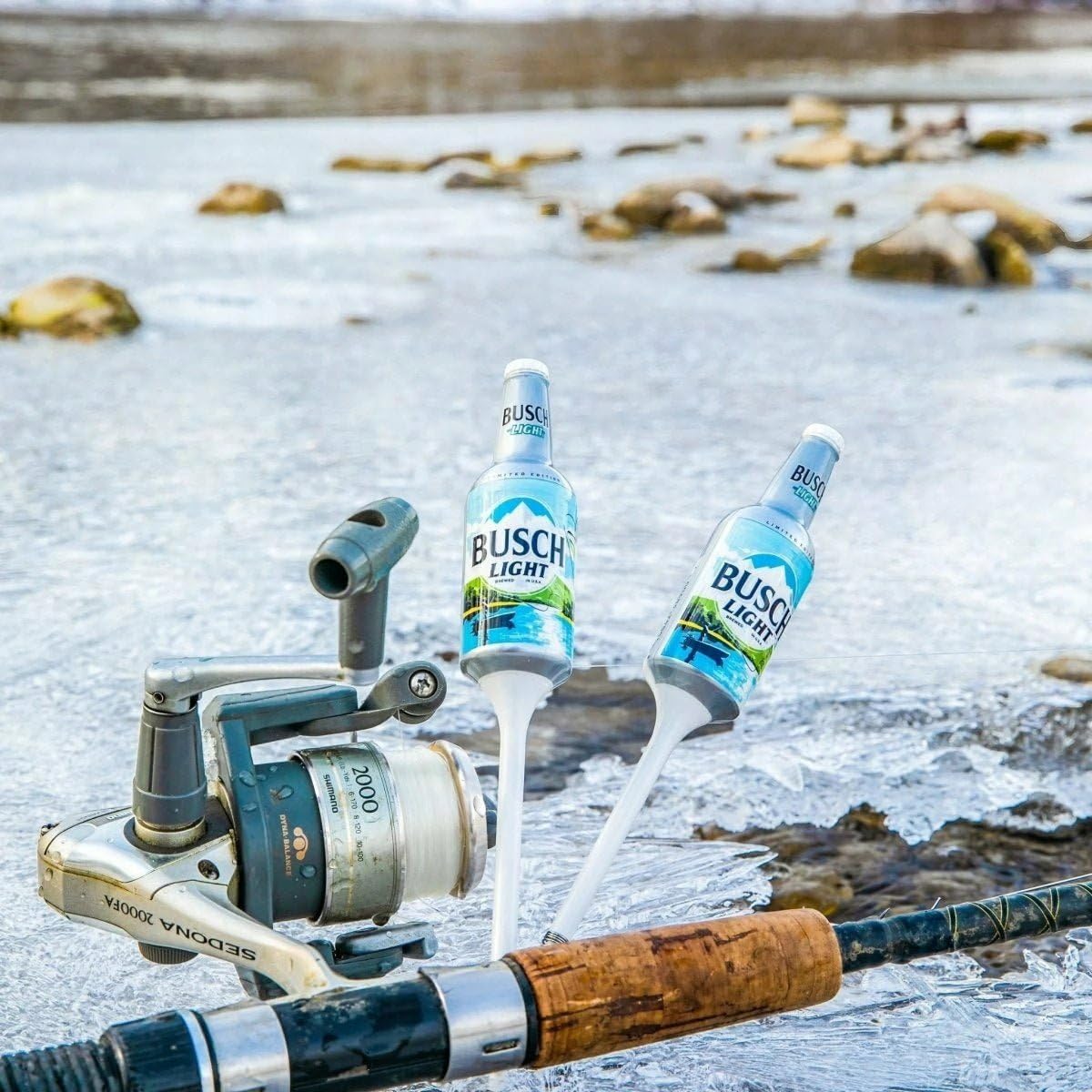 Official Busch Light design bobbers on water for a conversation-worthy fishing trip.