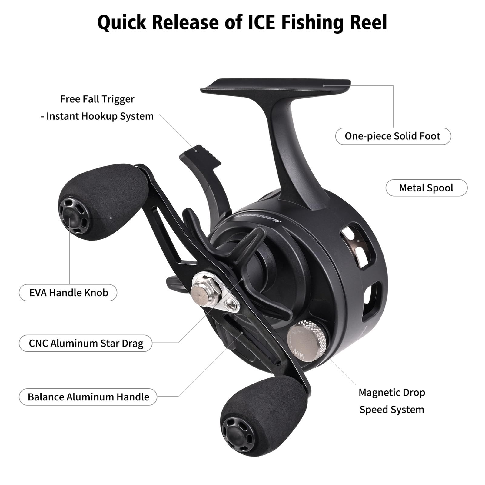 Souuxiu aluminum body provides durable, lightweight performance during front, rock, and ice fishing.