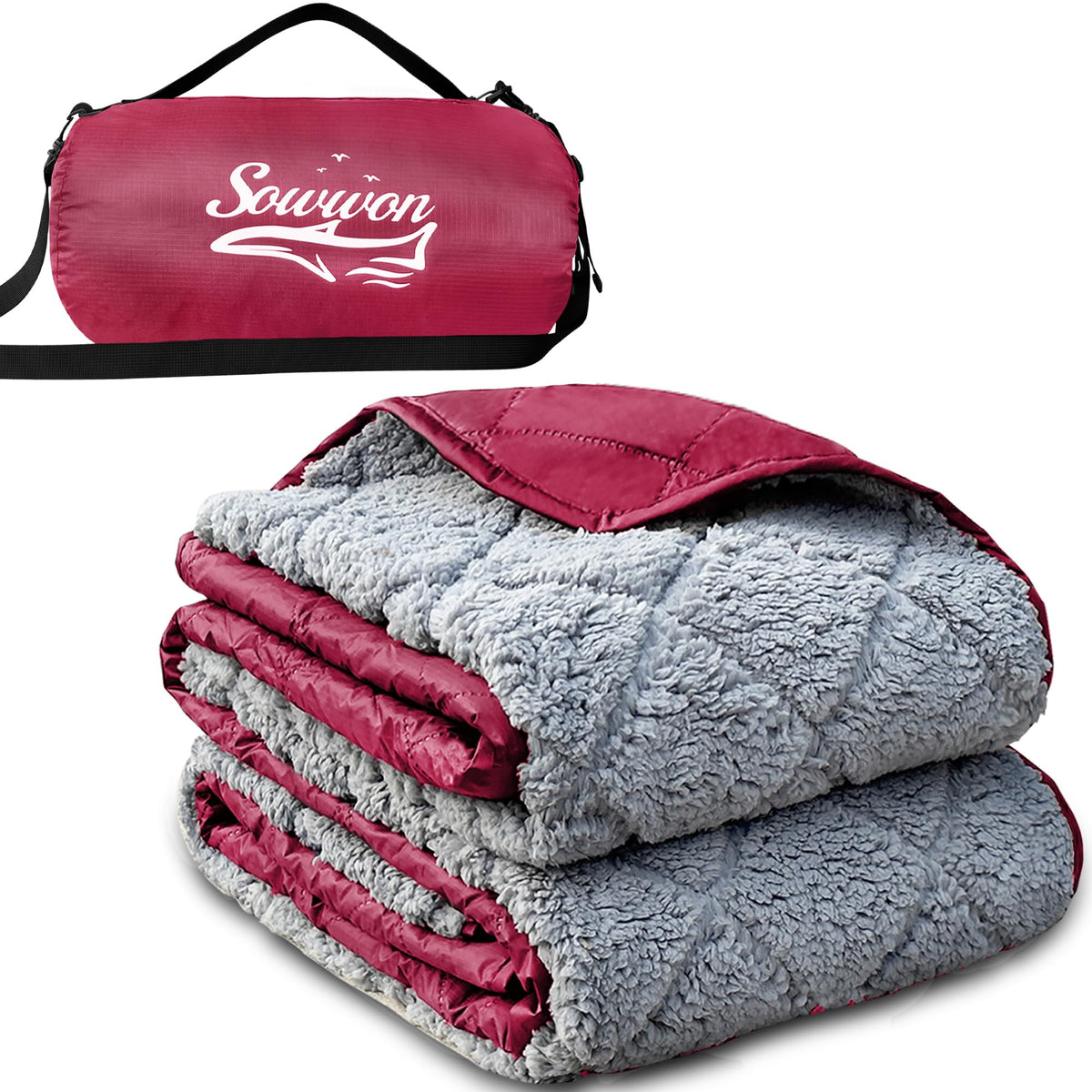 Sowwon waterproof outdoor blanket showing waterproof backing for dry ground coverage.
