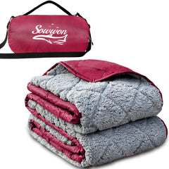 Sowwon waterproof outdoor blanket showing waterproof backing for dry ground coverage.