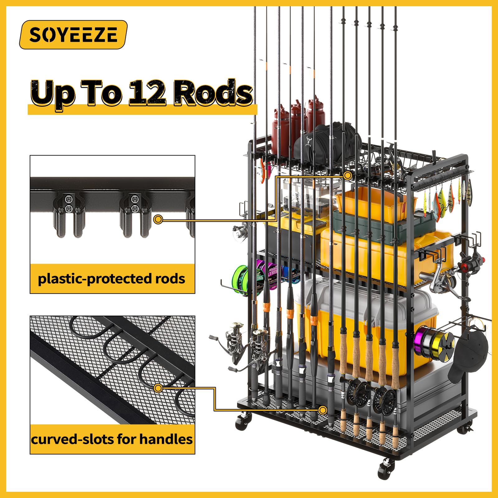 Back storage area showing 12-rod capacity and various rods