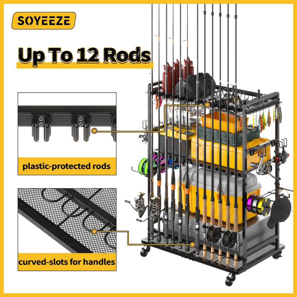 Back storage area showing 12-rod capacity and various rods