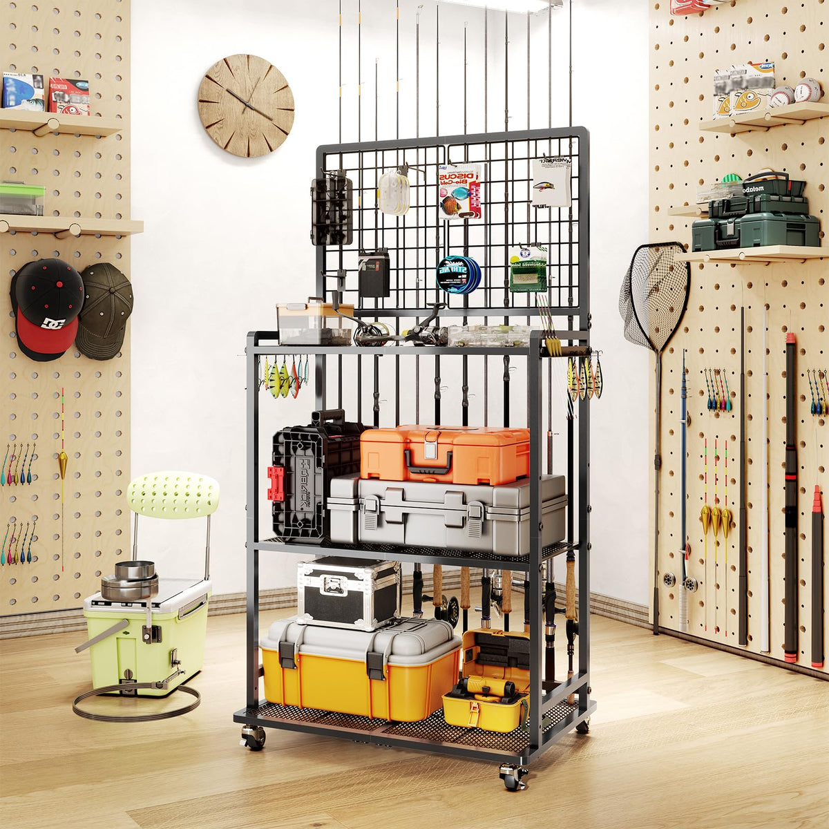 SOYEEZE 12-slot fishing rod holder mounted on pegboard for garage storage.