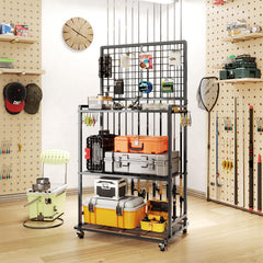 SOYEEZE 12-slot fishing rod holder mounted on pegboard for garage storage.
