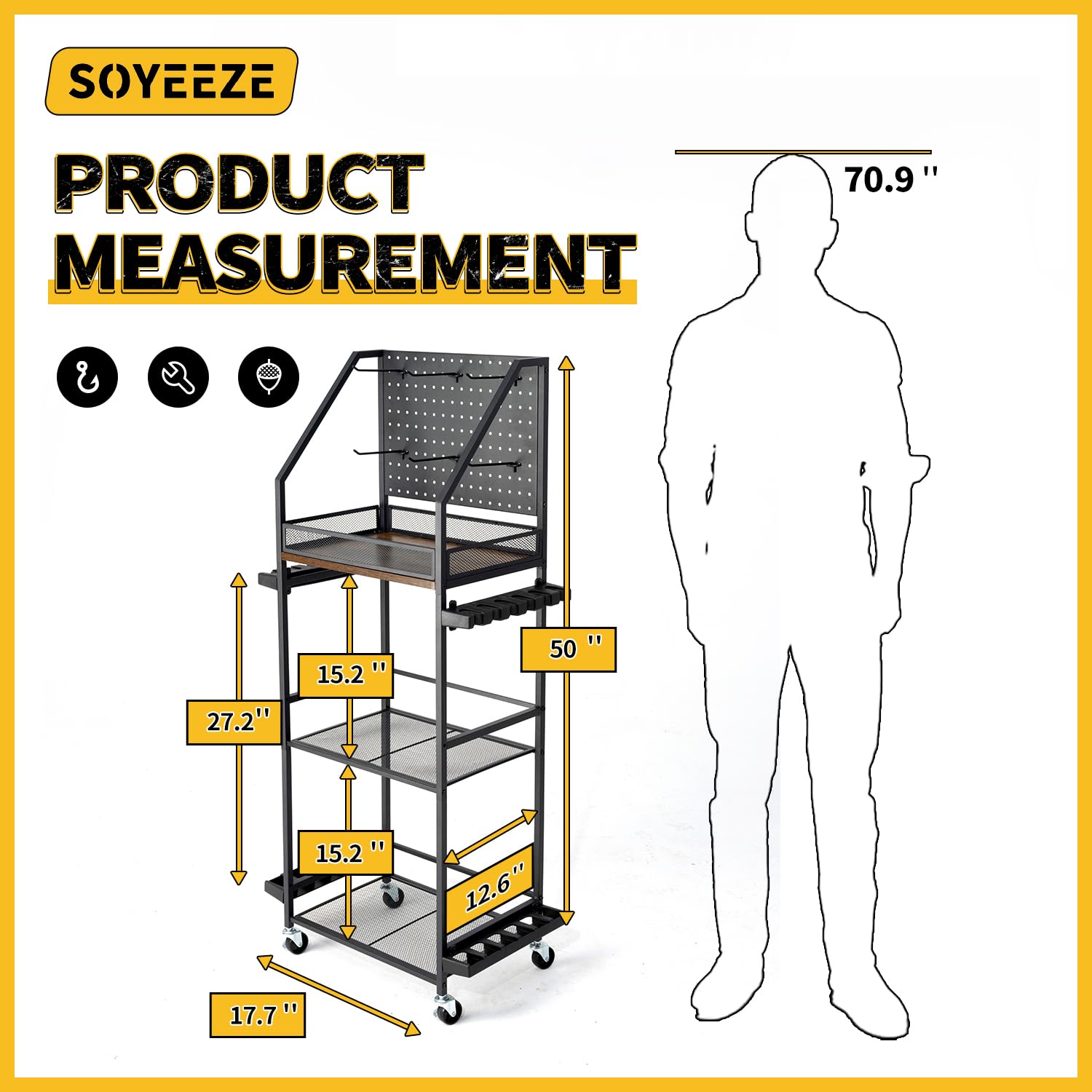 SOYEEZE three-tier storage rack interior view highlighting spacious shelves for reels and tackle boxes.