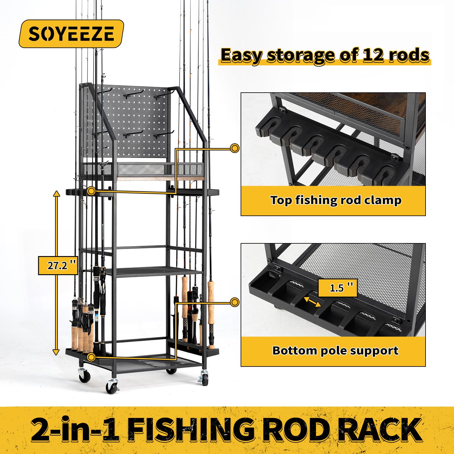SOYEEZE rolling cart with 360-degree mobility and locking casters for easy repositioning.