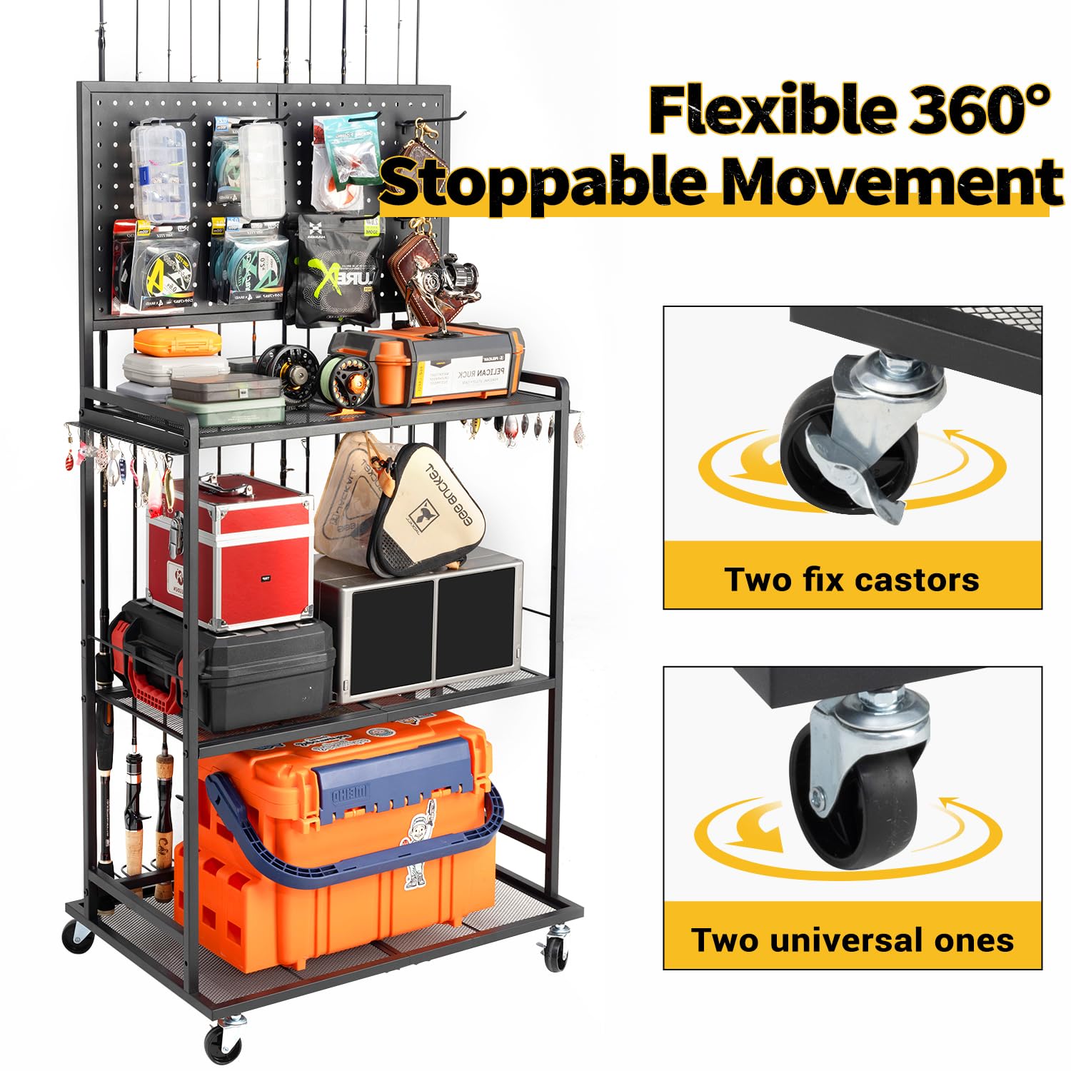 SOYEEZE adjustable middle shelf and bottom deck maximize space for boxes and bags.