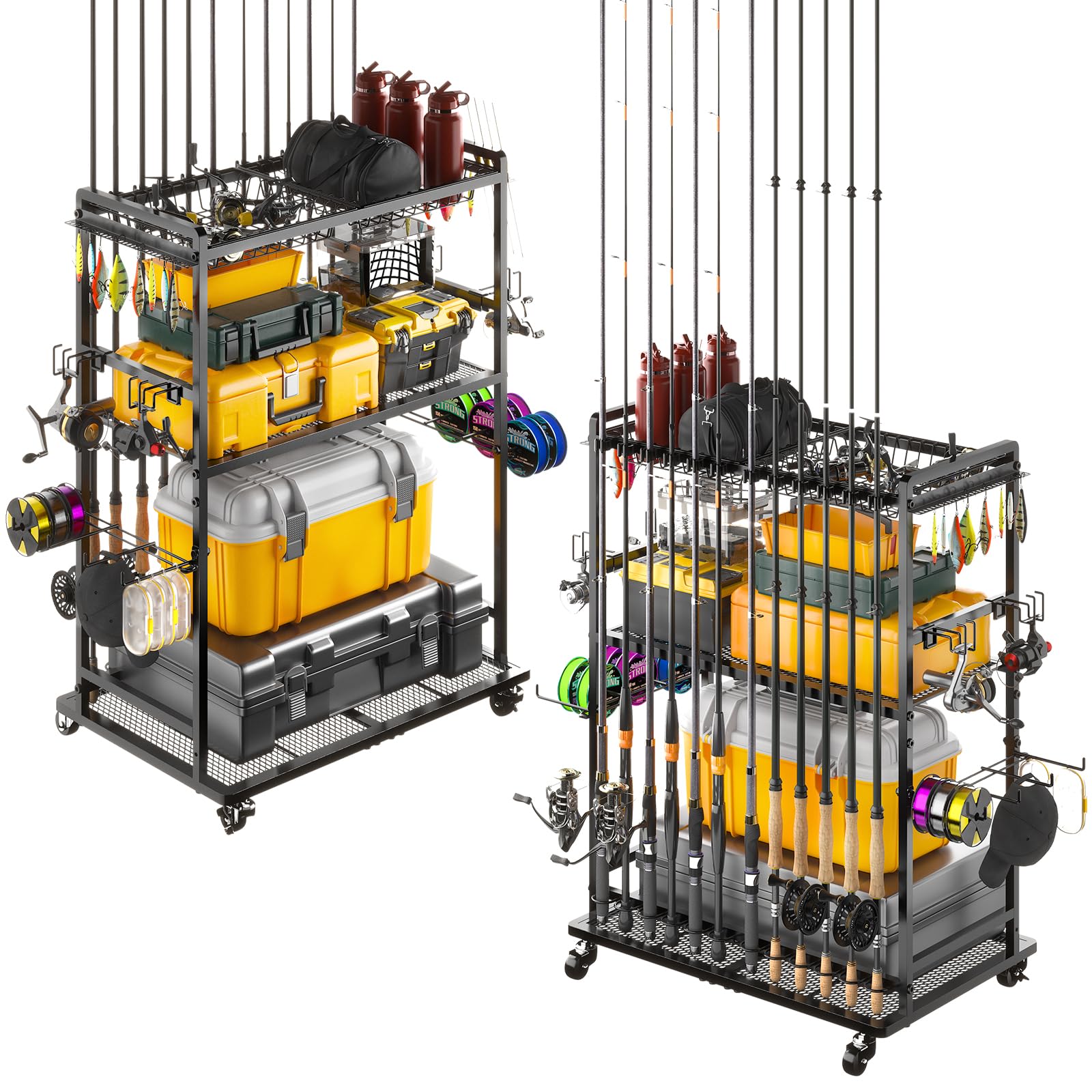 SOYEEZE fishing gear organizer cart in a garage setting