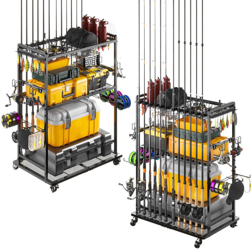 SOYEEZE fishing gear organizer cart in a garage setting