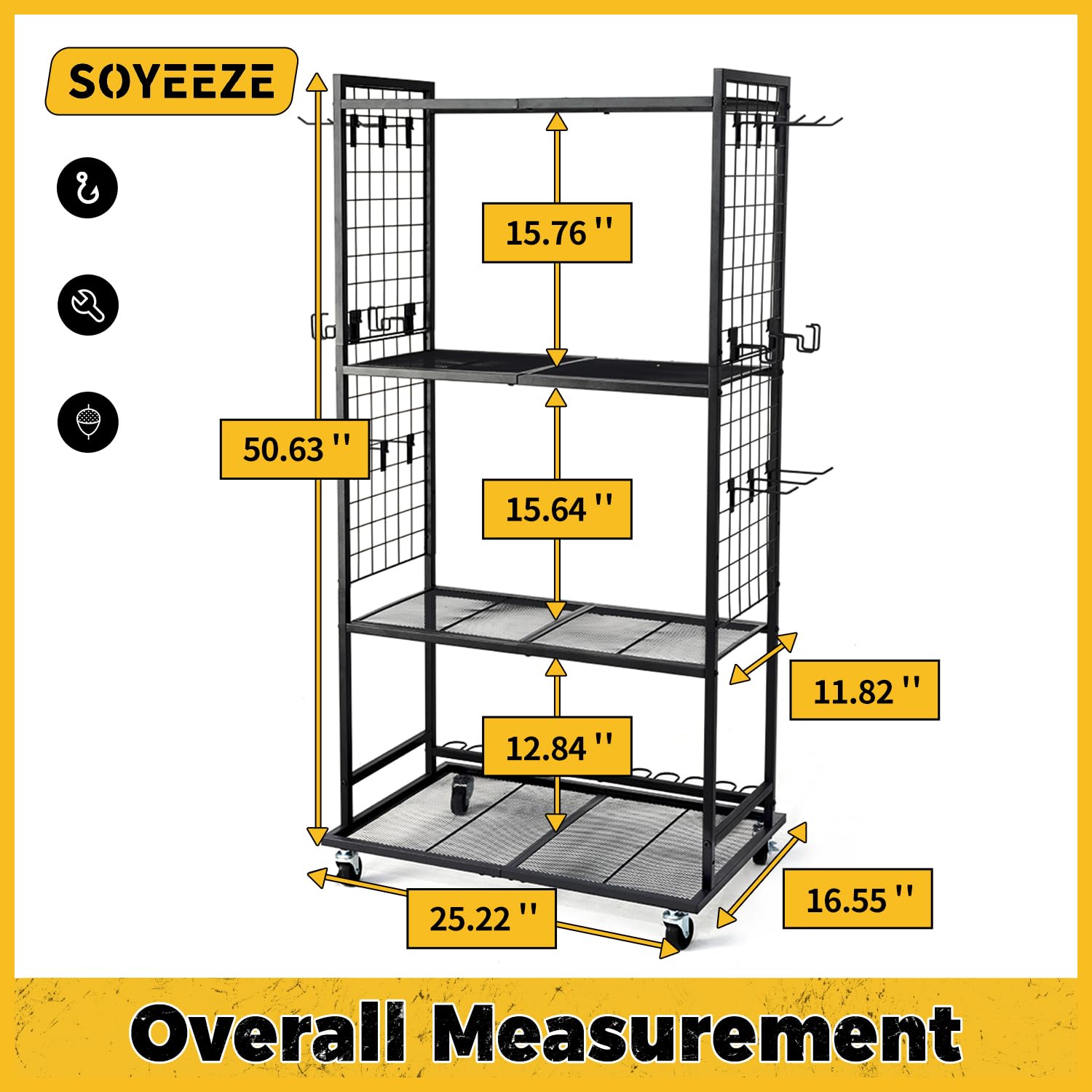 soyeeze dual-sided-mesh-with-12-straight-hooks-4-reel-hooks supports versatile storage for reels and boxes.