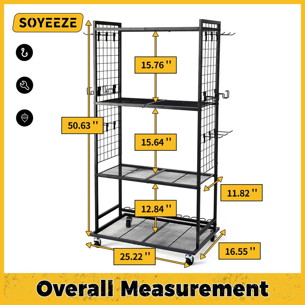 soyeeze dual-sided-mesh-with-12-straight-hooks-4-reel-hooks supports versatile storage for reels and boxes.