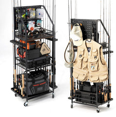 SOYEEZE 3-tier fishing rod holder on garage pegboard - front view