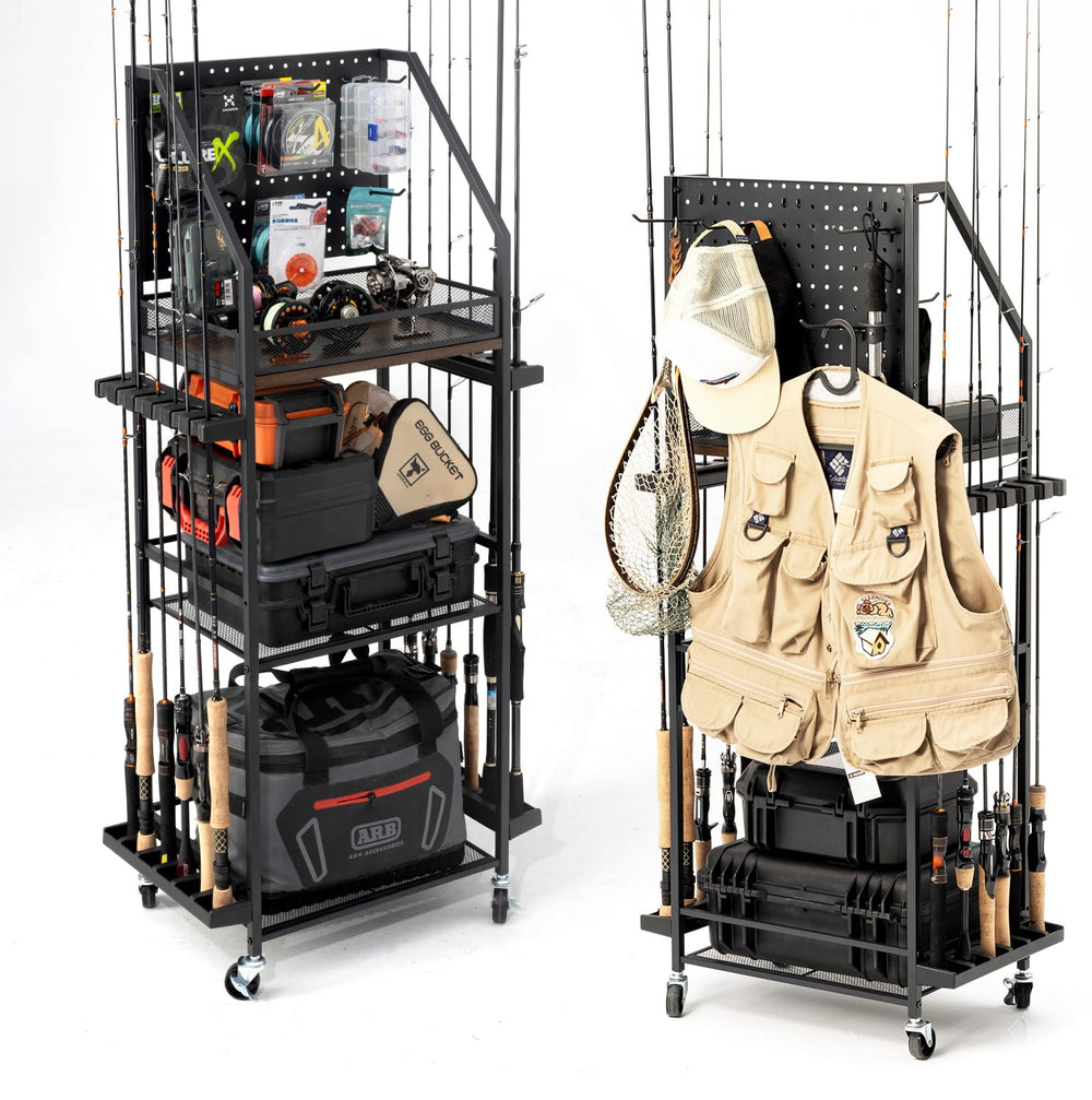 SOYEEZE 3-tier garage fishing rod holder mounted on pegboard