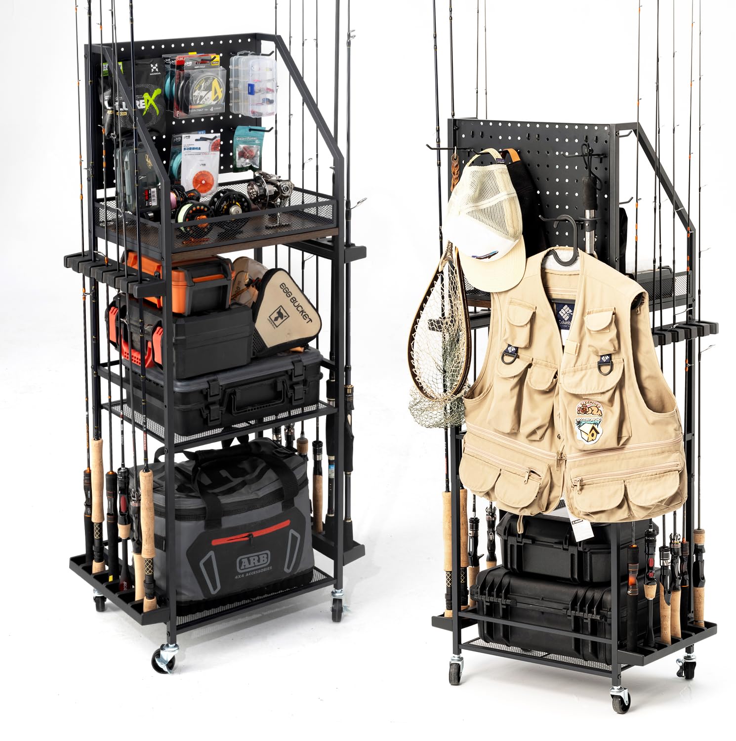 SOYEEZE pegboard side view demonstrates capacity for up to 12 rods and organized tackle.