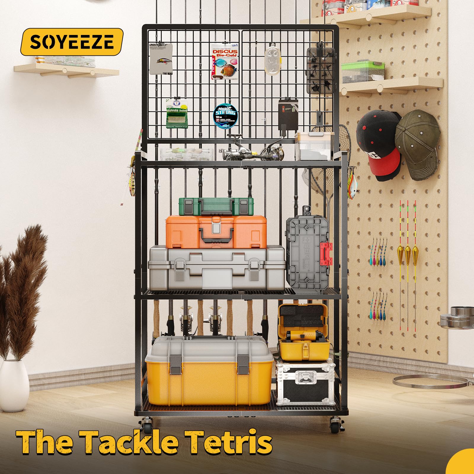 SOYEEZE garage storage cart for organized fishing gear