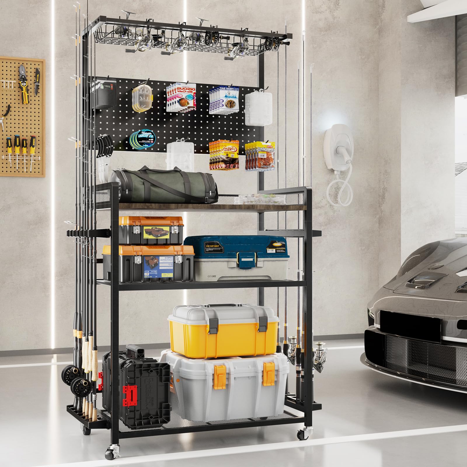 SOYEEZE large 4-tier rod rack in garage for organized storage