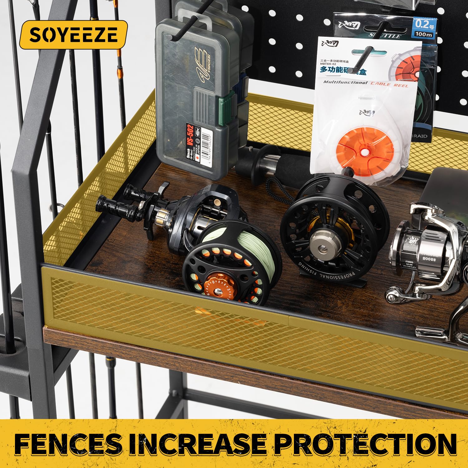 SOYEEZE lower tier view shows room for fishing bags and boxes, keeping gear accessible.