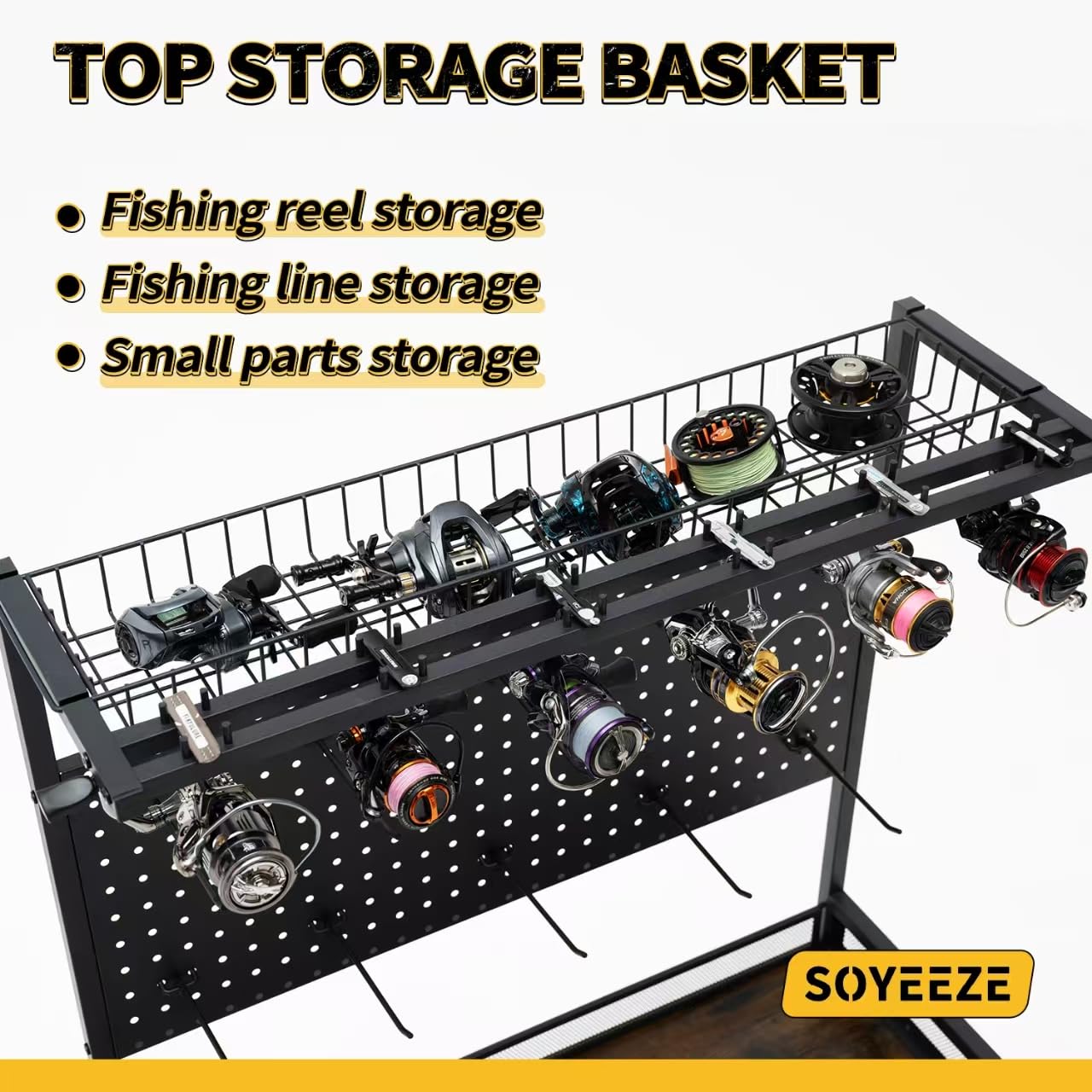 SOYEEZE metal basket top layer stores small reels and lines neatly